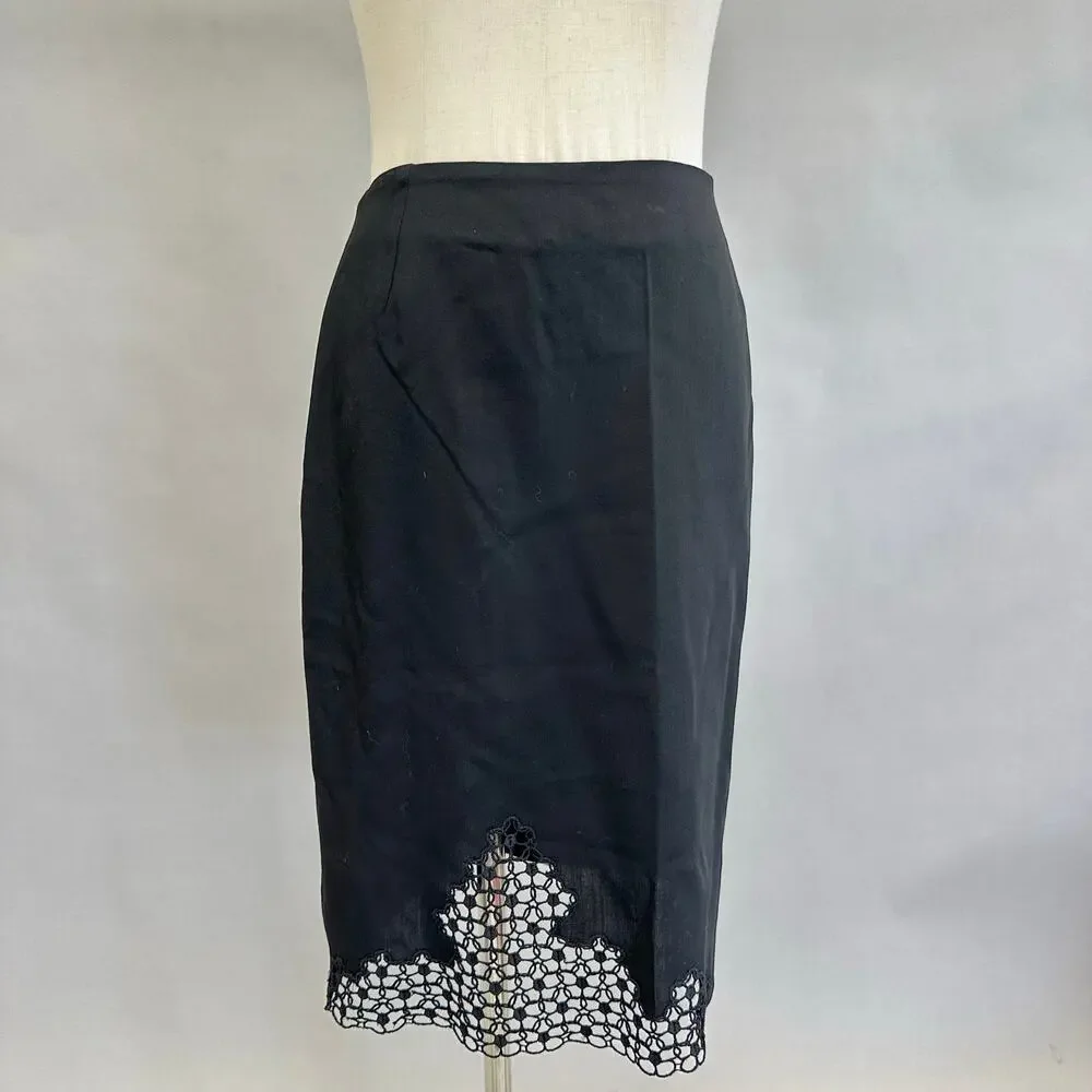 Vintage 90s Armani Collezioni Black Wool Pencil Skirt Embroidered lace Size 8‎